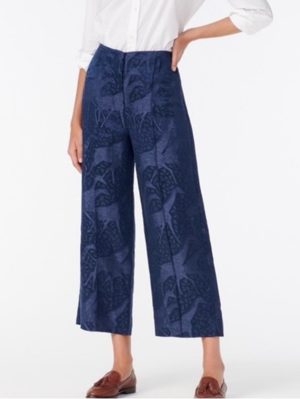 J. Crew Linen-silk pant with jacquard giraffes Blue 14 NWT